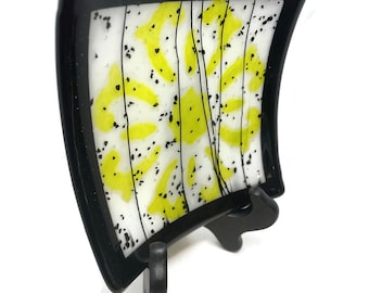 art glass square | yellow and black floral glass art