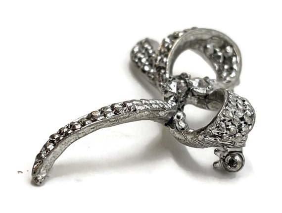 Silver-tone bow brooch with rhinestones - image 3