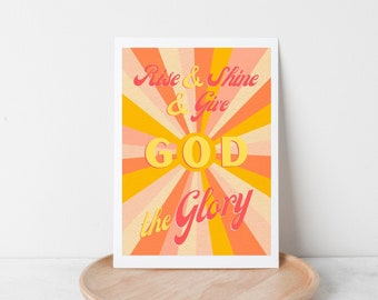 Retro Teen Bedroom Printable Poster, Rise and Shine and Give God the Glory Bible Verse Decor, Boho Sunburst Art, Inspirational Decoration