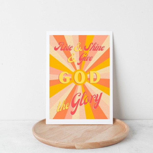 Retro Teen Bedroom Printable Poster, Rise and Shine and Give God the Glory Bible Verse Decor, Boho Sunburst Art, Inspirational Decoration