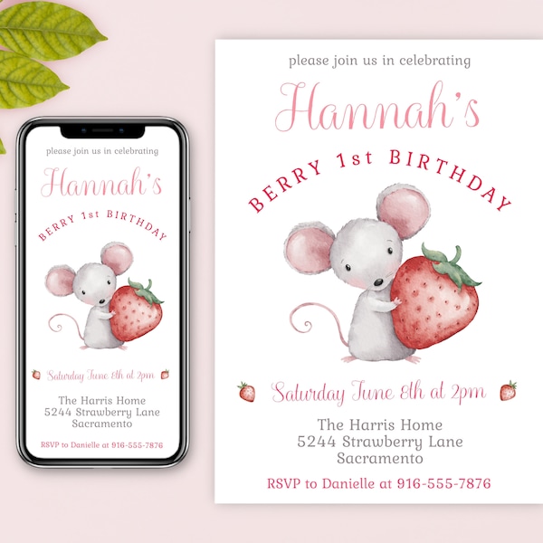 Berry First Birthday Printable Invitation - Cute Strawberry Mouse Party Invite Template - Editable Digital E-vite for Phone - Sweet - Simple