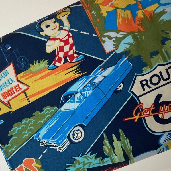 Route 66 Fabric in Navy Fabric - Tropical Beach Ocean Novelty -  Hoffman Fabrics - 100% Quality Cotton