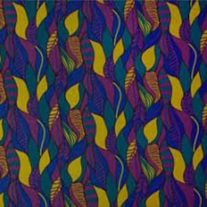 May include: Abstract fabric with a repeating pattern of stylized leaves in shades of blue, purple, yellow, and green.