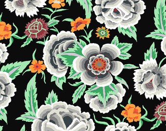 May include: Black fabric with a repeating pattern of white, gray, and orange flowers. The flowers have a layered, textured look and are surrounded by green leaves.