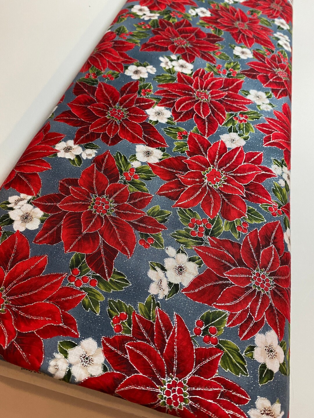 Winter Holiday Fabric -poinsettias 97635 Storm/silver Color 147S - 100% ...