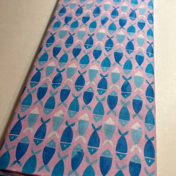 Fish Fabric Artic Swim by Katy Tinsh for Blend Fabrics 124.106.05.2 Fish School Navy on Pink  - 100% Quality Cotton 1/4 YD or Yardage