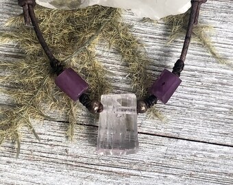 drop pendant pink jewelry Necklace brass leather cord kunzite