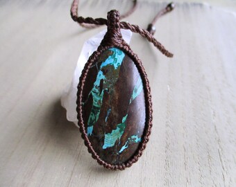 Russian Malachite Chrysocolla Macrame Pendant Necklace, Boho Hippie Jewelry