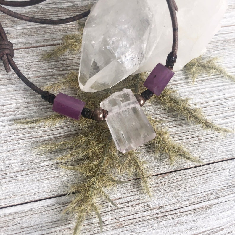 drop pendant pink jewelry Necklace brass leather cord kunzite