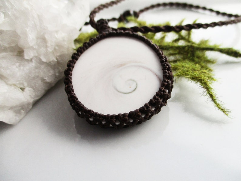 May include: A brown crocheted cord necklace with a white and brown nautilus shell pendant.