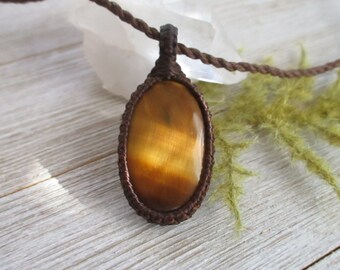 Tiger Eye Macrame Necklace: Golden Gemstone, Mens Minimalist Jewelry