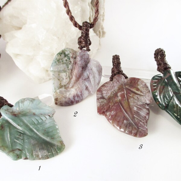 Carved Agate Leaf Necklace: Macrame Cord, Nature Lover Gift