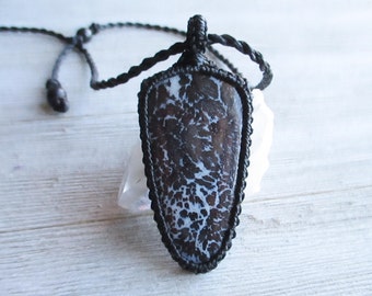 Dendritic Plume Agate Macrame Necklace: Black & White Stone