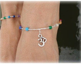 OM CHAKRA ANKLET Gemstone & Moonstone Swarovski Crystal Liquid Silver Ankle Bracelet, Namaste Reiki Zen Yoga Spirituality Metaphysical Magic