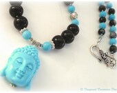 PEACEFUL BUDDHA: Snowflake Obsidian & Turquoise Gemstone Necklace, Zen Yoga Mala Inspired Spiritual Mantra Hippy Boho Meditation Buddhism