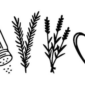 Puede incluir: Ilustración en blanco y negro de un salero, ramitas de romero, lavanda y un corazón. El salero está inclinado, con granos de sal cayendo. Los otros elementos son botánicos.