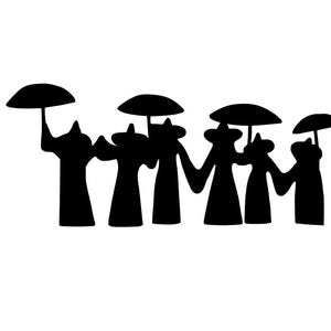 Könnte beinhalten: Eine schwarze Silhouette-Illustration von fünf Figuren, die sich an den Händen halten und Regenschirme halten. Die Figuren sind mit einfachen Formen stilisiert, wodurch ein minimalistisches Design vor weißem Hintergrund entsteht. Die Regenschirme sind kreisförmig.