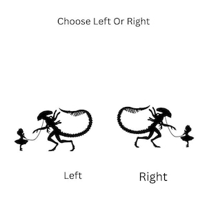 Könnte beinhalten: Schwarze Silhouette einer außerirdischen Kreatur, die eine Leine hält, die an einer kleinen Figur befestigt ist. Der Text "Choose Left Or Right" steht oben, mit "Left" und "Right" darunter. Ein skurriles Design.