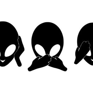 May include: Three black alien heads in a row, each with hands covering their eyes, mouth, and ears. The aliens have large oval eyes and a small smile. The image is a play on the "see no evil, hear no evil, speak no evil" concept.