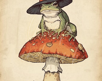 Toad Wearing Witch Hat Sitting on Toadstool Rice paper Decoupage A4 A5