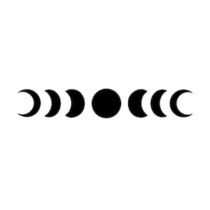 Pode incluir: Um gráfico a preto e branco das fases da lua. O design mostra o ciclo lunar, começando com uma crescente, progredindo por vários estágios e terminando com uma crescente. A lua cheia é um círculo preto sólido.