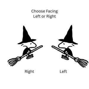 May include: A black and white cartoon character in a witch hat riding a broom, with text above saying "Choose Facing Left or Right". The words "Right" and "Left" are below the images.