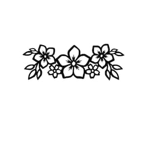 May include: Black and white floral design featuring five flowers and several leaves. The flowers have five petals and a detailed center. The leaves are simple and elegant, creating a symmetrical arrangement. The design is suitable for various craft projects.