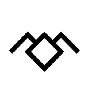 May include: Black and white graphic of a stylized mountain range with a diamond shape in the center. The design is a simple, geometric representation, suitable for various applications.