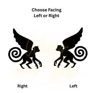 Puede incluir: Silueta negra de un mono alado. La imagen incluye el texto "Choose Facing Left or Right" y las etiquetas "Right" y "Left" debajo de las figuras de los monos. Los monos tienen colas rizadas y brazos extendidos.