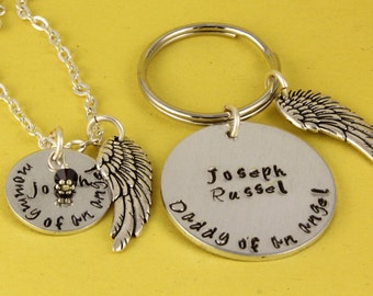 Personalized Daddy of an Angel Keychain and Mommy of an Angel Birthstone Necklace - Miscarriage - Remembrance Gift - Memorial Angel Baby