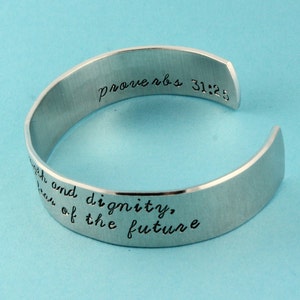 Proverbs 31:25 Bracelet She Is Clothed With Strength and Dignity Bracelet Silver Cuff Bracelet Gift for Her Christian Bracelet image 2