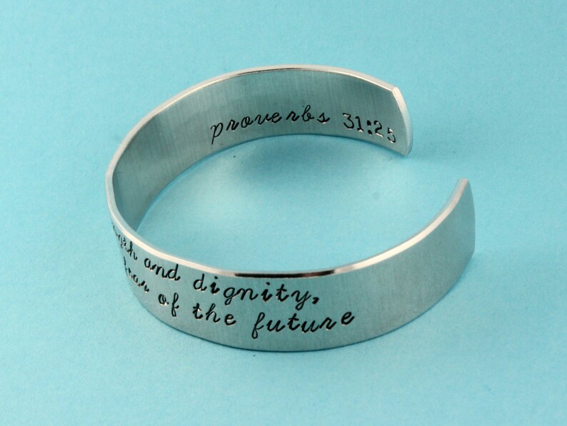 Proverbs 31:25 Bracelet She Is Clothed With Strength and Dignity Bracelet Silver Cuff Bracelet Gift for Her Christian Bracelet image 2