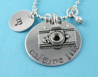 SALE - Capture Life Camera Initial and Birthstone Necklace - Silver Necklace - Handstamped Personalized Necklace - Mother's Day Gift