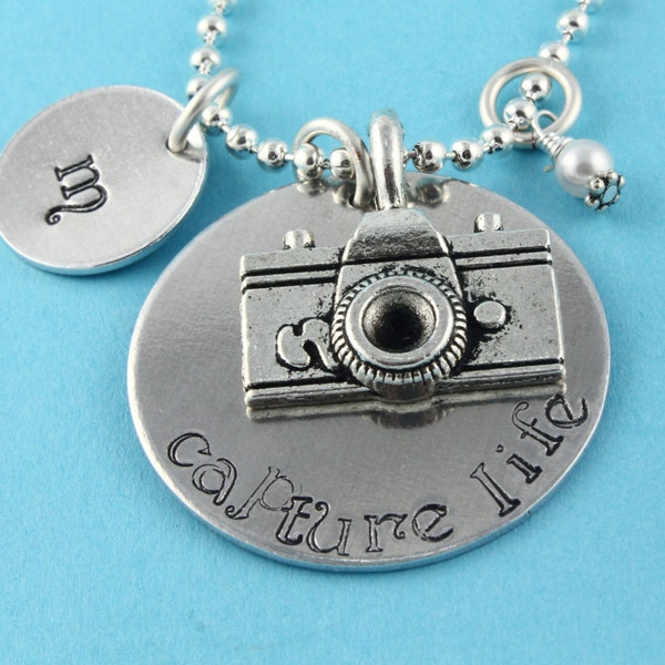 SALE - Capture Life Camera Initial and Birthstone Necklace - Silver Necklace - Handstamped Personalized Necklace - Mother's Day Gift