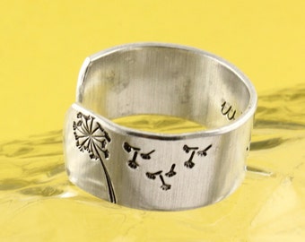 Anillo de diente de león - Anillo de deseo - Anillo ajustable - Regalo de graduación - Anillo de plata - Regalo para graduado - Anillo de flores - Joyas de deseo - Haz un deseo