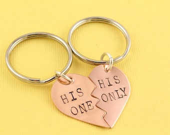 His One Keychain - His Only Hand Keychain - Broken Hearts Keychains - Heart Key Chains - Heart Keyrings - Copper Anniversary Gift - GLBTQ