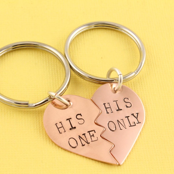 His One Keychain - His Only Hand Keychain - Broken Hearts Keychains - Heart Key Chains - Heart Keyrings - Copper Anniversary Gift - GLBTQ