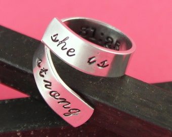 She Is Strong Ring Band - Proverbs 31:25 - Adjustable Ring - Silver Ring - Inspirational Ring - Motivational Ring - Gift Under 20 - Size 7