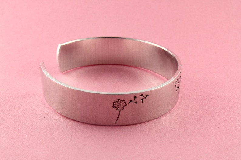 SALE Dandelion Wish Hand Stamped Cuff Bracelet Adjustable Aluminum Bracelet Graduation Gift image 1