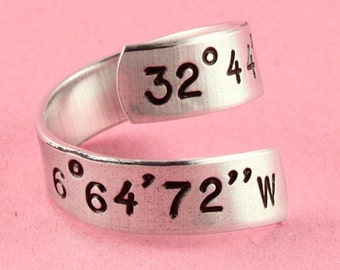 Coordinates Ring - Latitude Longitude Ring - Custom Address Ring - Silver Ring - Twist Ring - Wrap Ring - Degrees Ring - Personalized Ring