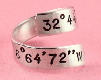 Coordinates Ring - Latitude Longitude Ring - Custom Address Ring - Silver Ring - Twist Ring - Wrap Ring - Degrees Ring - Personalized Ring