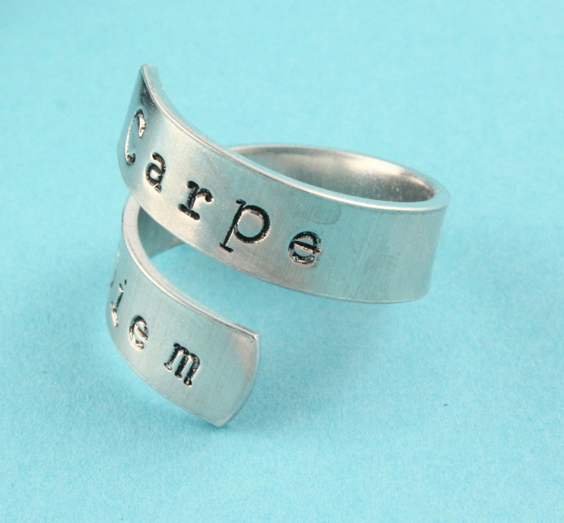 SALE Carpe Diem Ring Seize The Day Adjustable Twist Aluminum Ring Hand Stamped Ring image 2