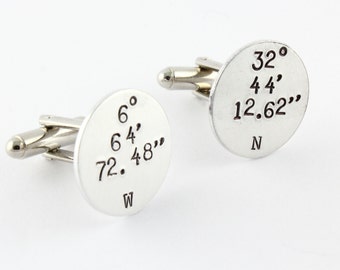 Coordinates Cufflinks - Custom Round Cuff Links - Shirt Fasteners - Latitude Cufflinks - Longitude Cufflinks - GPS Cufflinks - Silver Links