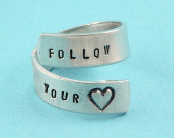 SALE - Follow Your Heart Ring - Adjustable Twist Aluminum Ring - Handstamped Ring - Valentine's Day Gift
