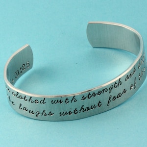 Proverbs 31:25 Bracelet She Is Clothed With Strength and Dignity Bracelet Silver Cuff Bracelet Gift for Her Christian Bracelet image 1