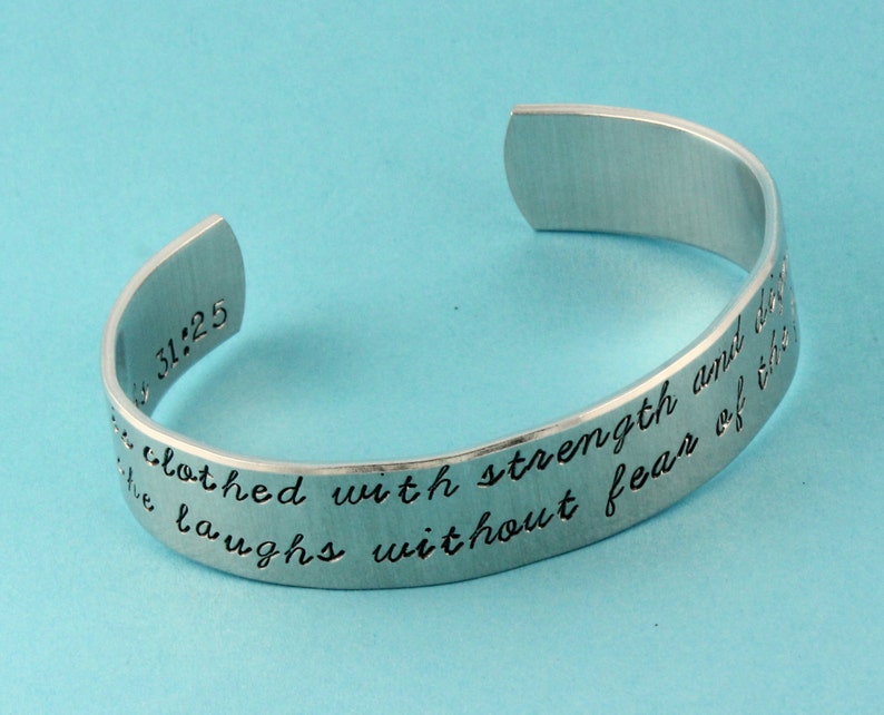 Proverbs 31:25 Bracelet She Is Clothed With Strength and Dignity Bracelet Silver Cuff Bracelet Gift for Her Christian Bracelet image 1