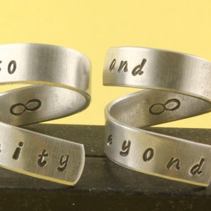 SALE To Infinity and Beyond Ring Set Best Friends Adjustable Twist Wrap Aluminum Rings Handstamped Rings Valentine's Day image 1