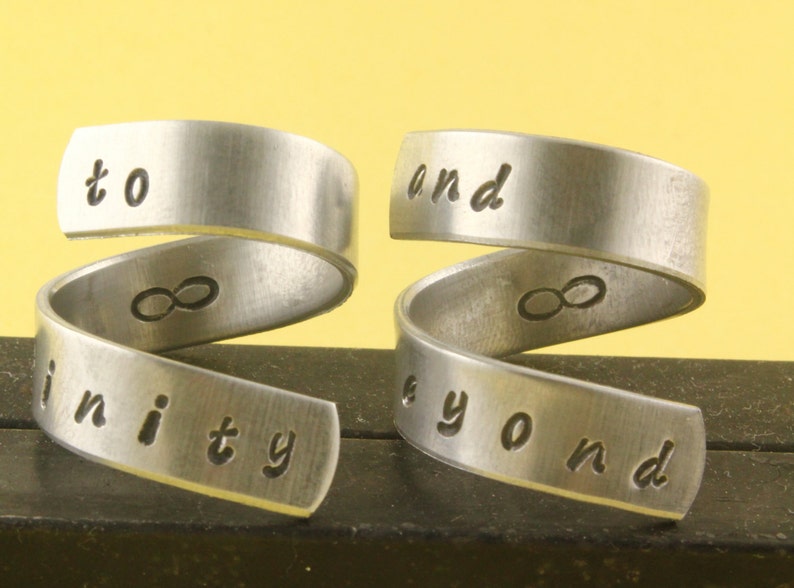 SALE To Infinity and Beyond Ring Set Best Friends Adjustable Twist Wrap Aluminum Rings Handstamped Rings Valentine's Day image 1