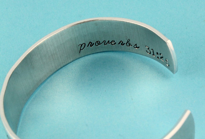 Proverbs 31:25 Bracelet She Is Clothed With Strength and Dignity Bracelet Silver Cuff Bracelet Gift for Her Christian Bracelet image 3