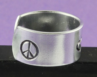 SALE - Peace Love Happiness Ring - Heart Ring - Adjustable Aluminum Ring - Hand Stamped Unisex Ring